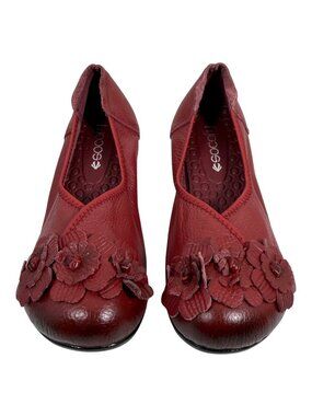 Socofy Red Art To Wear Leather 3D Floral Boho Eclectic Heels Womens US 6-6.5